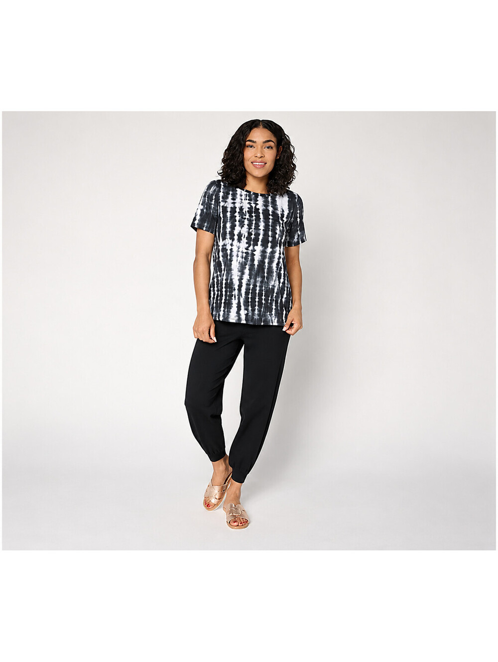 Anybody Regular Cozy Knit Printed Short Sleeve Tee & Jogger Set Black, Large